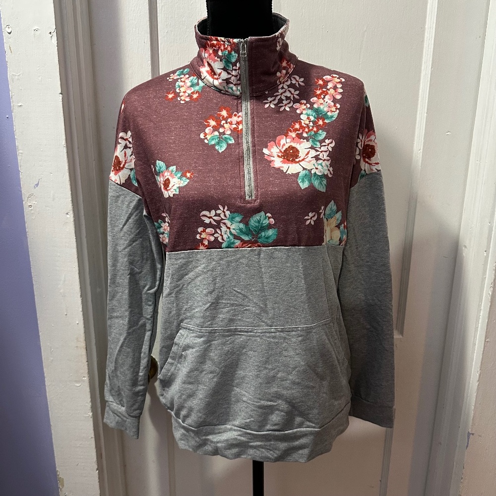 Unbranded Burgundy‎ Floral and Gray Quarter Zip Sweatshirt in S